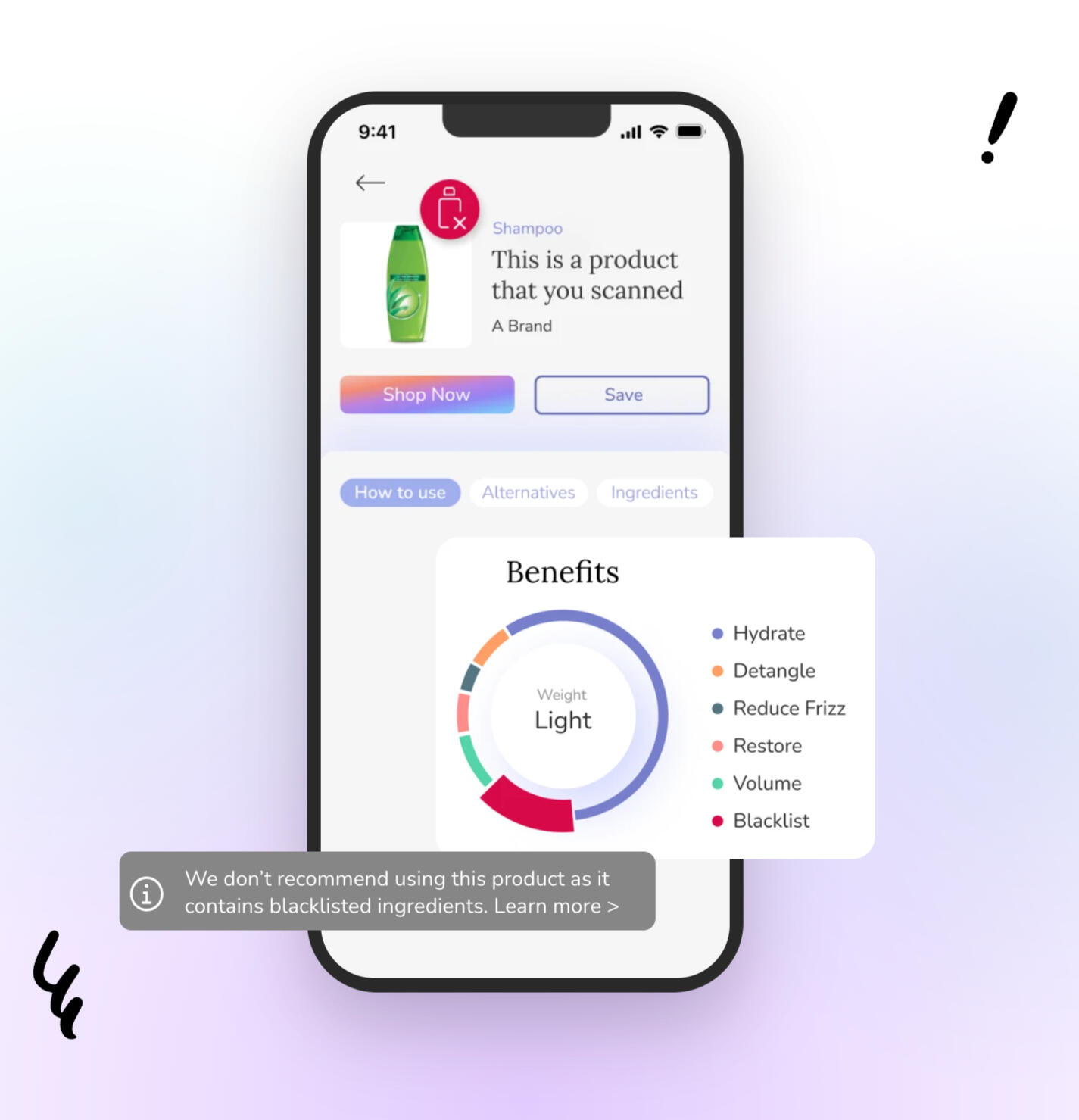 GlamIQ — haircare ingredient scanner mobile app screenshot.