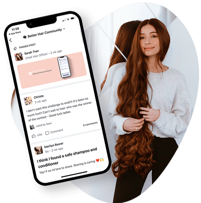 Hairqare — education platform on phone, beside a portrait of a model with long hair.