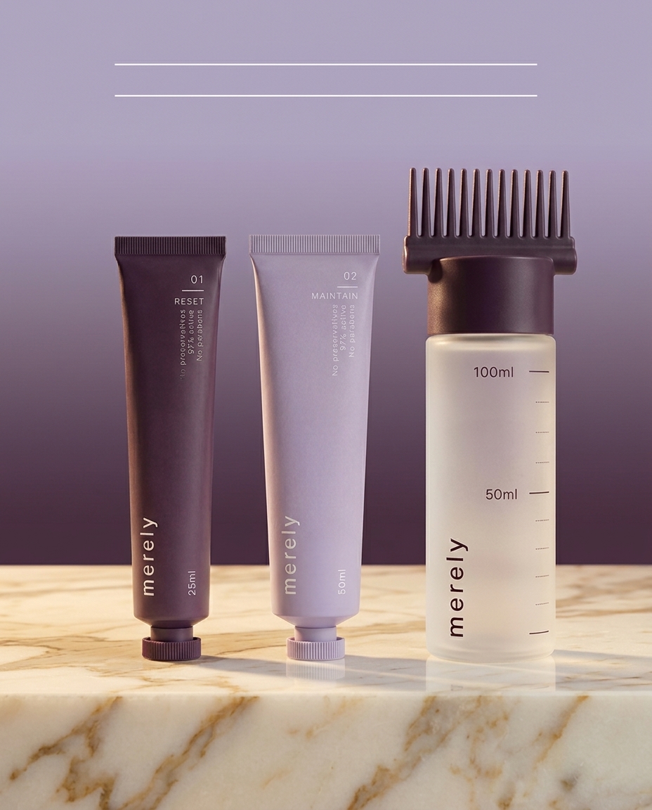 merely — concentrated haircare system. Three products on marble.